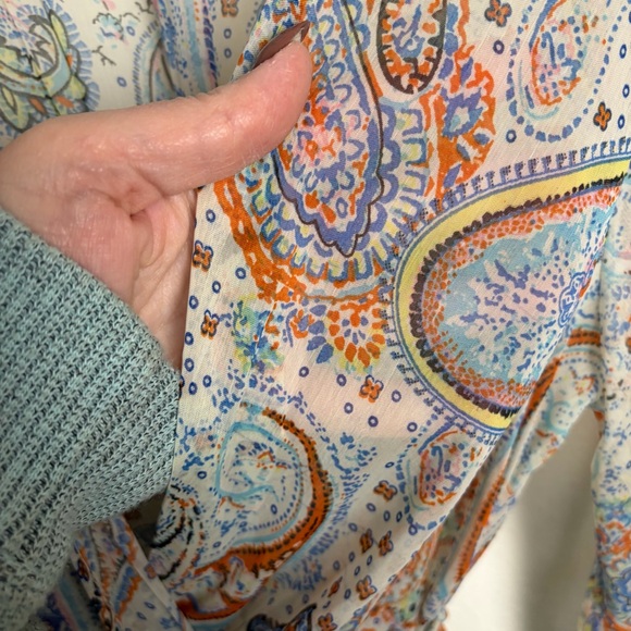 Paisley Maxi Dress blue cream sheer sz L flowy long sleeve whimsy feminine - Picture 7 of 13